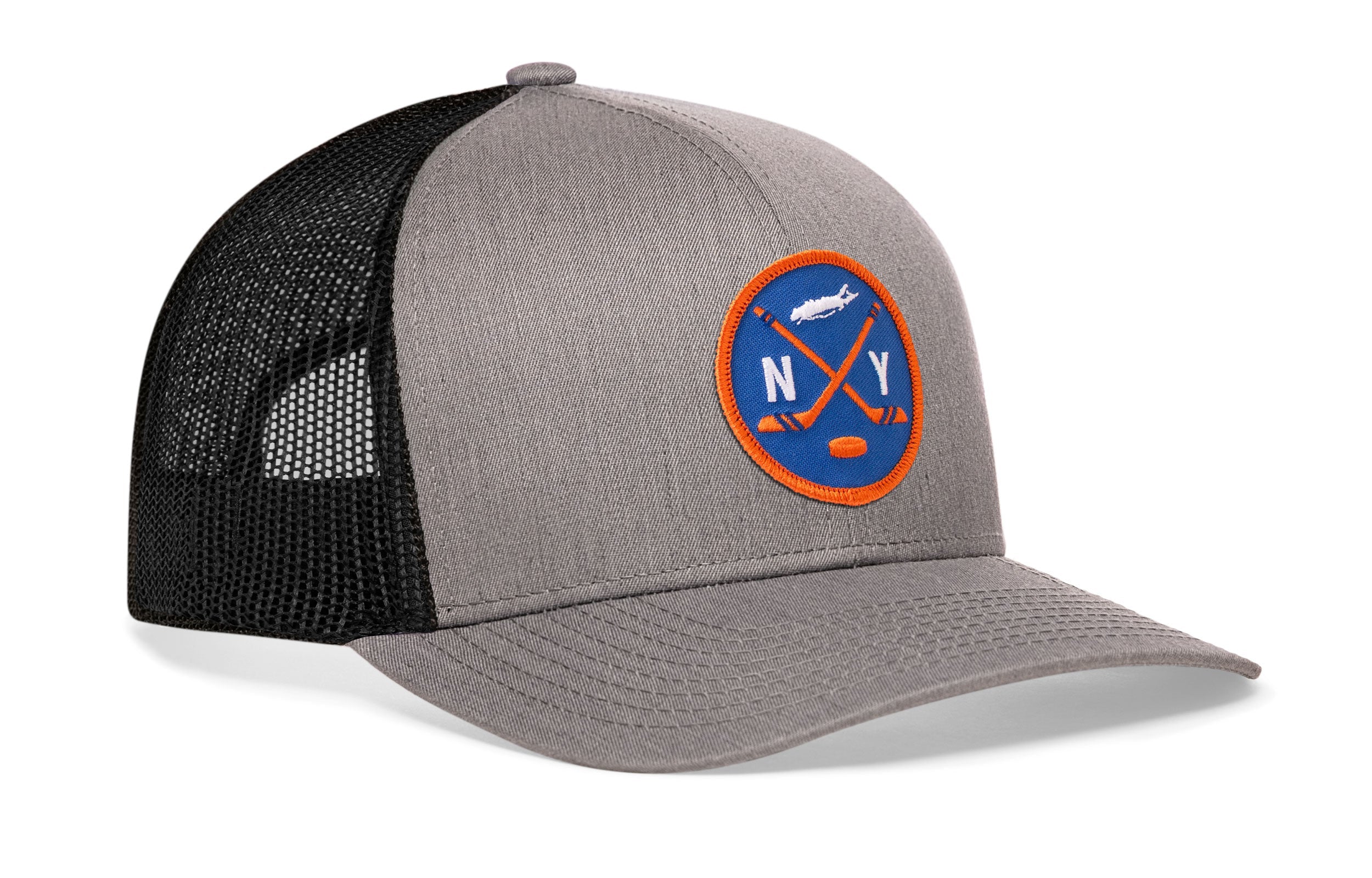 Gray trucker snapback cap with round NY hockey patch and black mesh side panels
