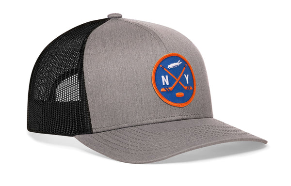 Gray trucker snapback cap with round NY hockey patch and black mesh side panels