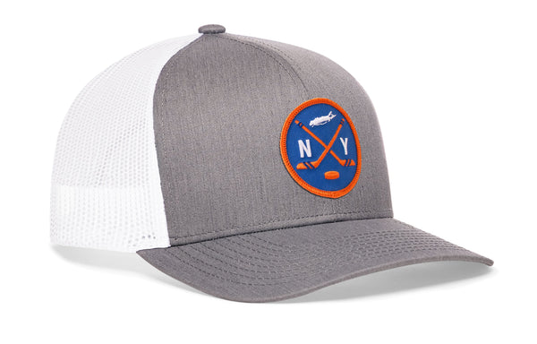 Gray-and-white trucker snapback cap with round NY hockey patch and white mesh sides