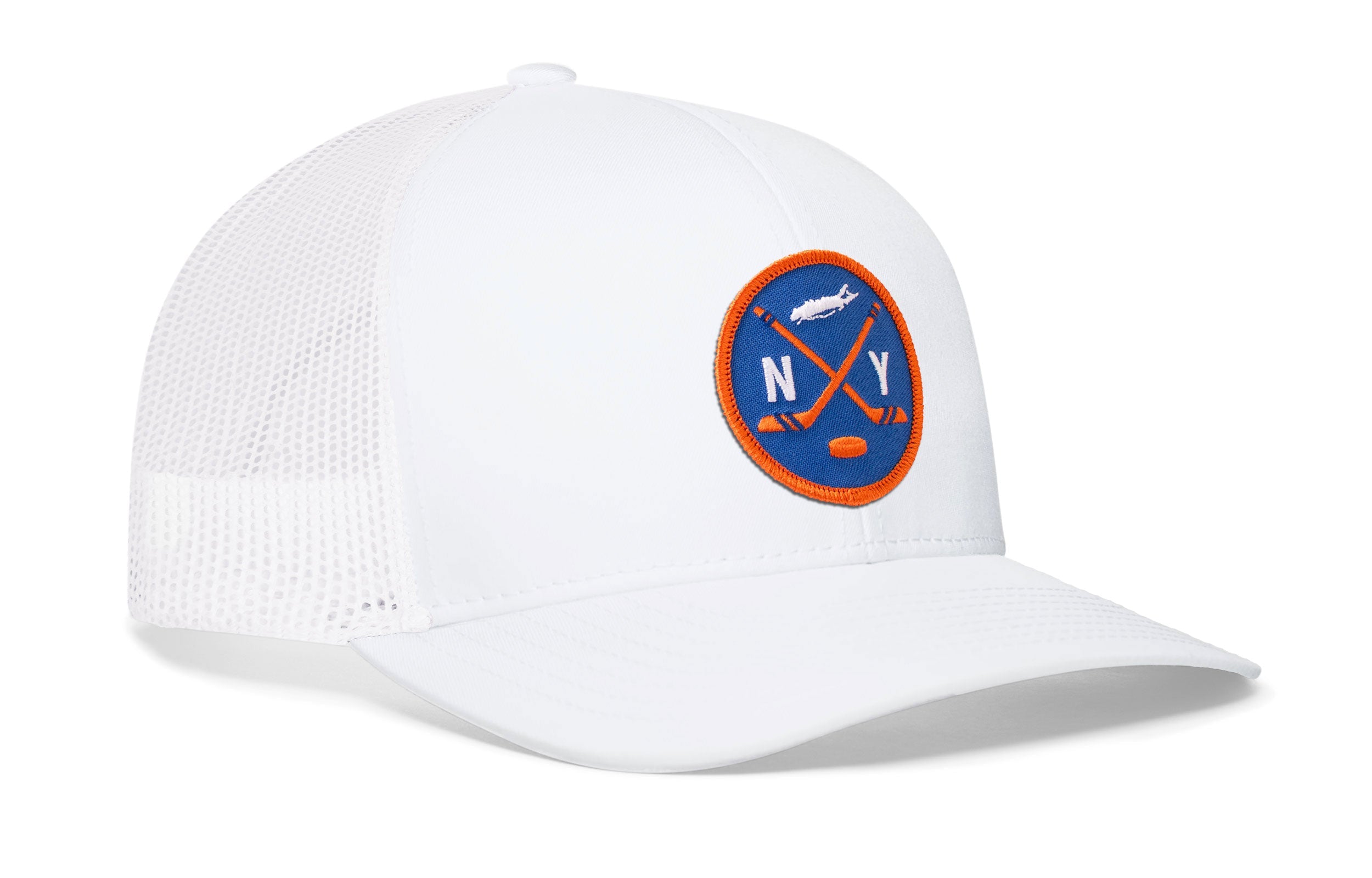 White trucker snapback cap with round NY hockey patch and white mesh side panels