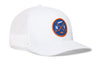 White trucker snapback cap with round NY hockey patch and white mesh side panels