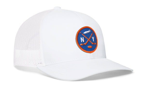 White trucker snapback cap with round NY hockey patch and white mesh side panels