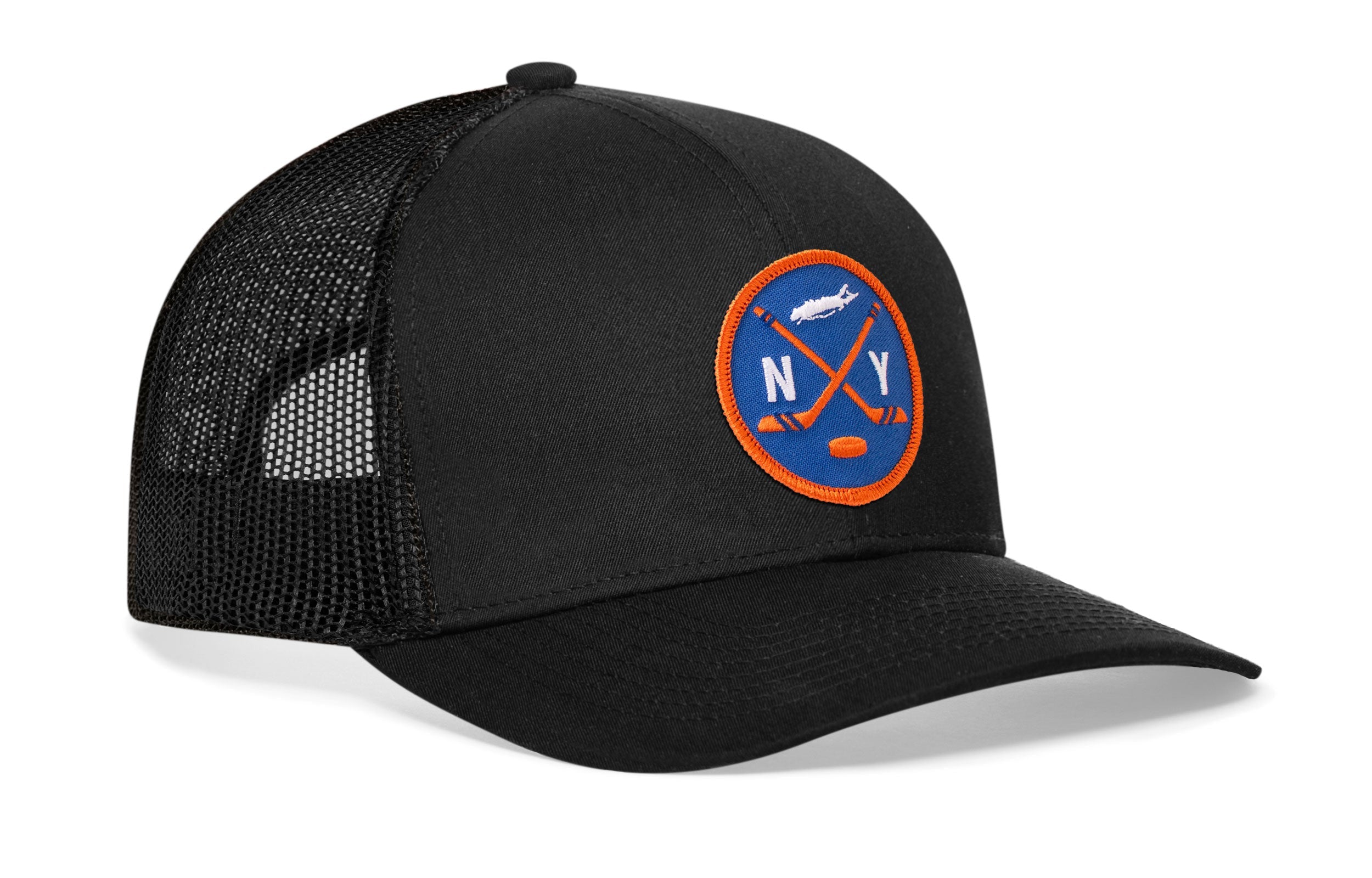 Black trucker snapback cap with round NY hockey patch and black mesh side panel