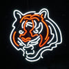 Bengals neon tiger head sign with white tubing glow and orange detail lines