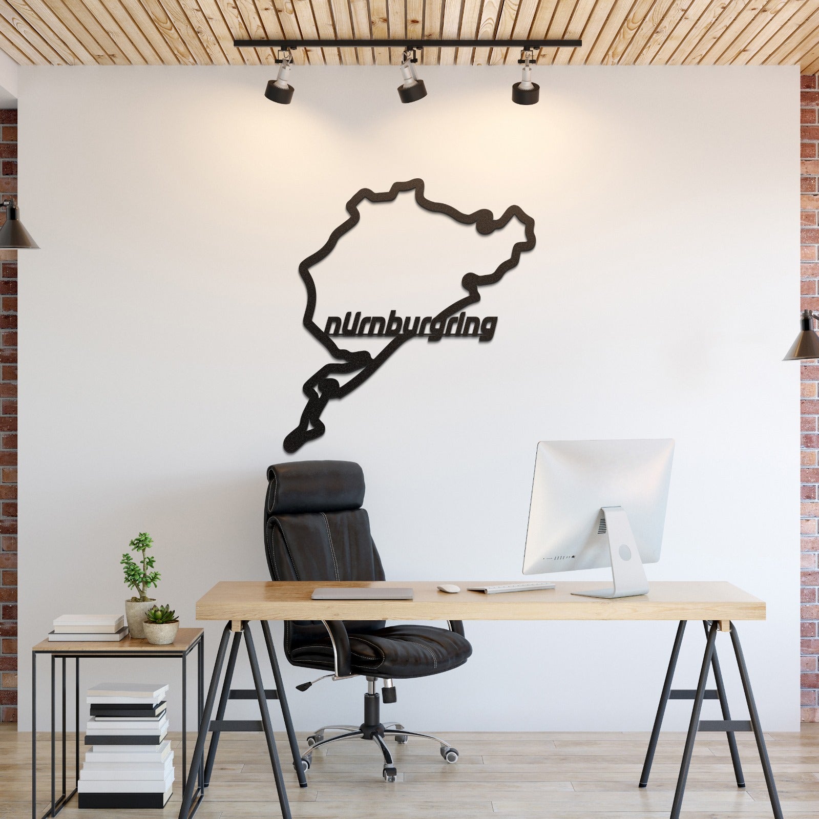 Black metal circuit wall art with track outline and Nurburgring logo, wall-mounted.