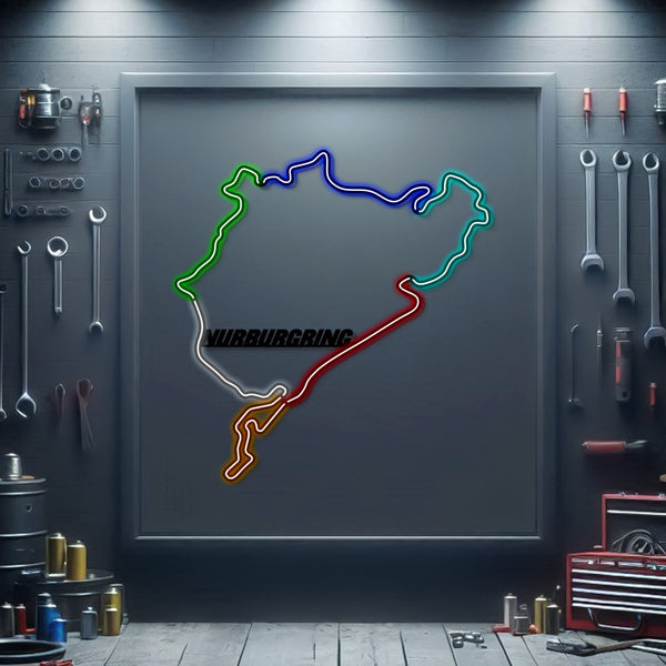 Metal neon race track wall art with multicolor outlined track design on dark panel