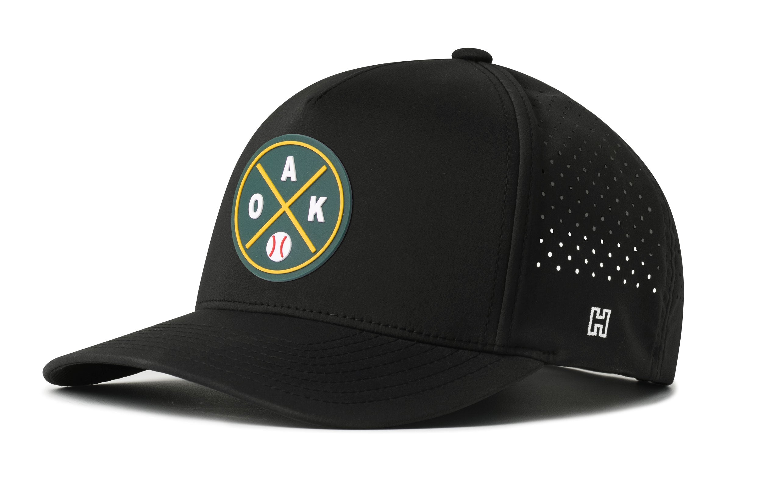 Black 5-panel baseball cap with curved brim, front circular Oakland logo patch