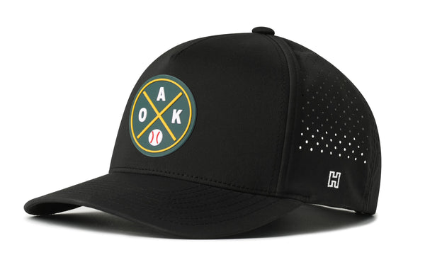 Black 5-panel baseball cap with curved brim, front circular Oakland logo patch