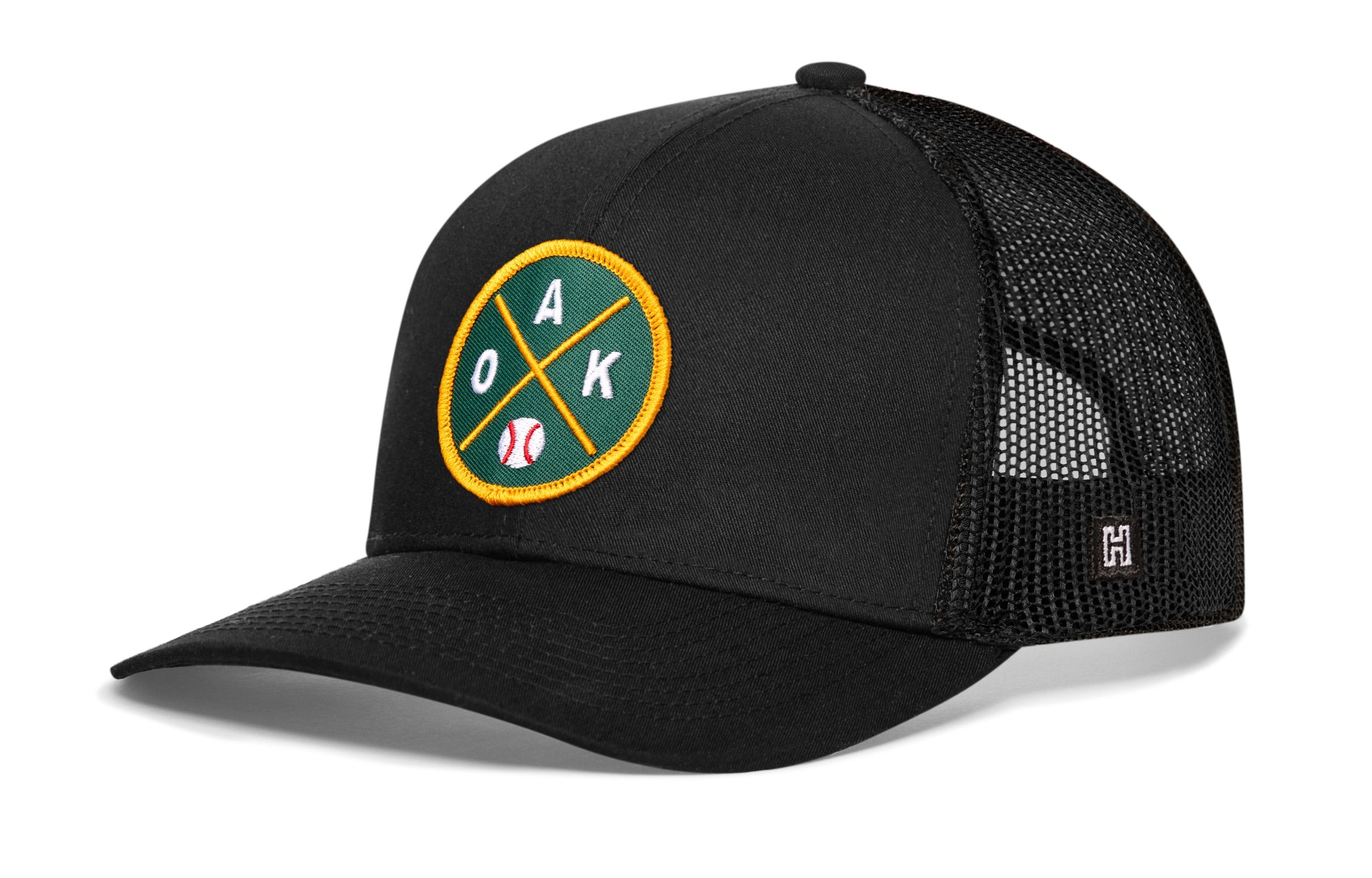 Oakland baseball trucker hat in black with front round logo patch and mesh back