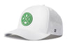 White 5-panel performance baseball cap with front logo patch and perforated side