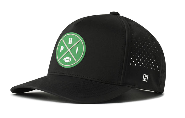 Black 5-panel performance baseball cap with front logo patch and perforated side