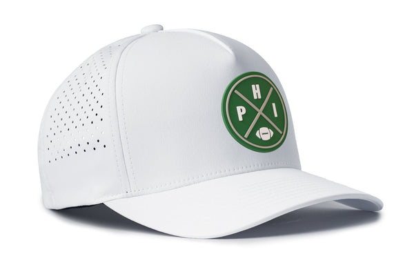 White 5-panel cap with front logo badge and perforated side panels
