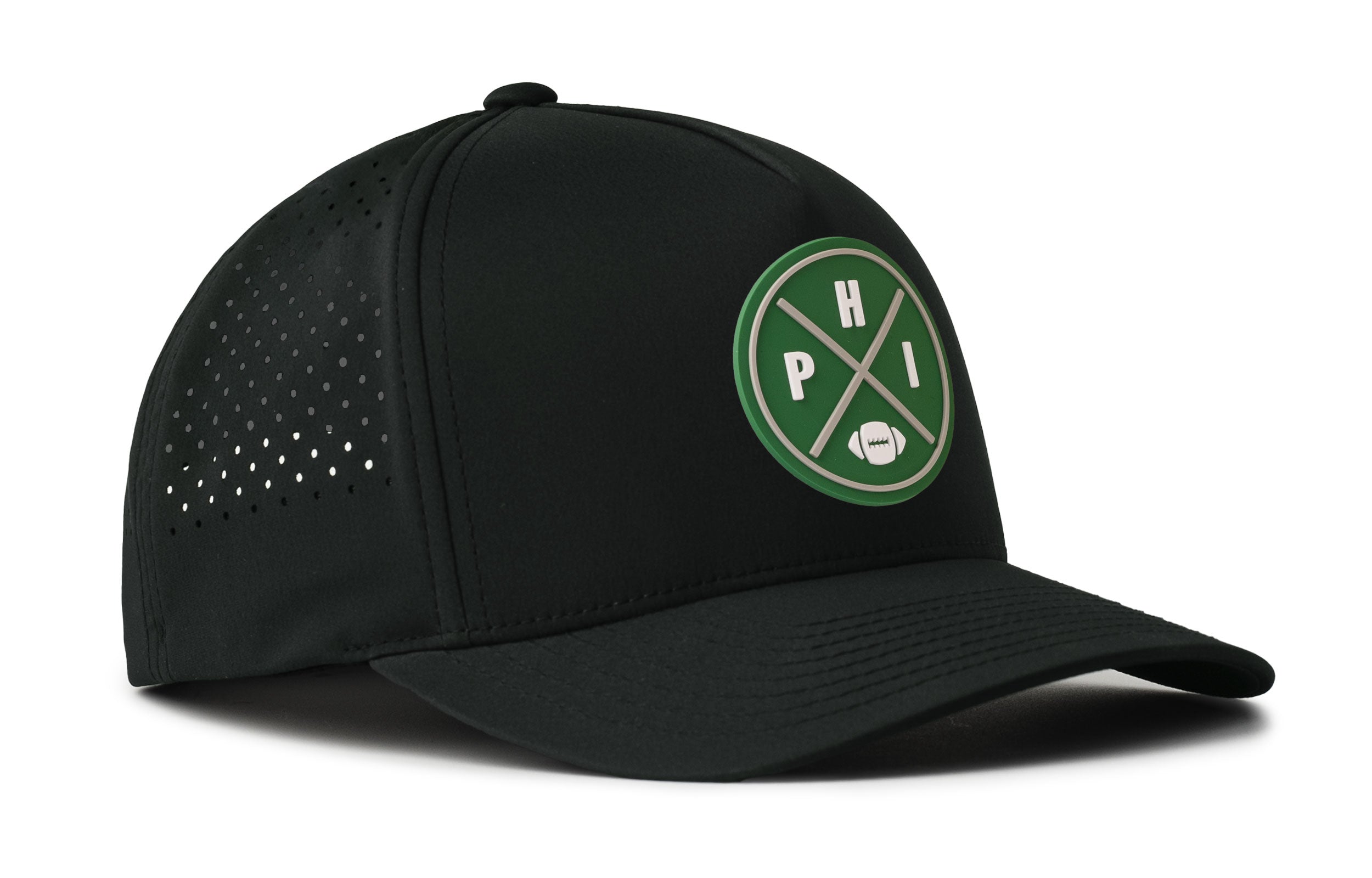 Black 5-panel cap with front logo badge and perforated side panels