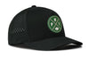 Black 5-panel cap with front logo badge and perforated side panels
