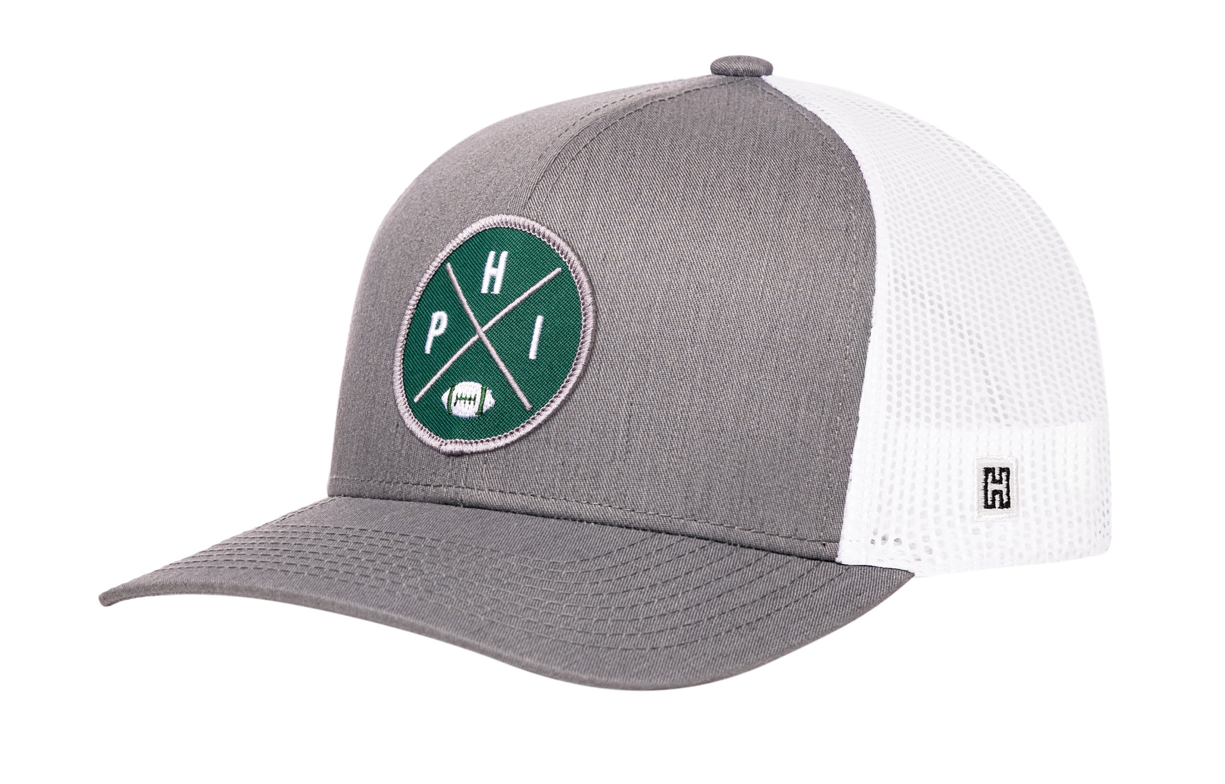 Gray front trucker hat with green round logo patch and white mesh back, snapback