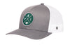 Gray front trucker hat with green round logo patch and white mesh back, snapback