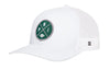 White trucker hat with green round logo patch and white mesh back, snapback closure