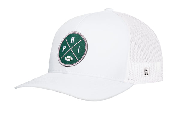 White trucker hat with green round logo patch and white mesh back, snapback closure