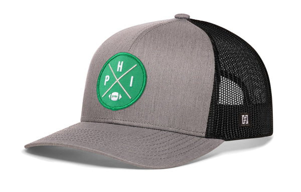Philadelphia football trucker hat, gray front with green logo patch and black mesh back snapback
