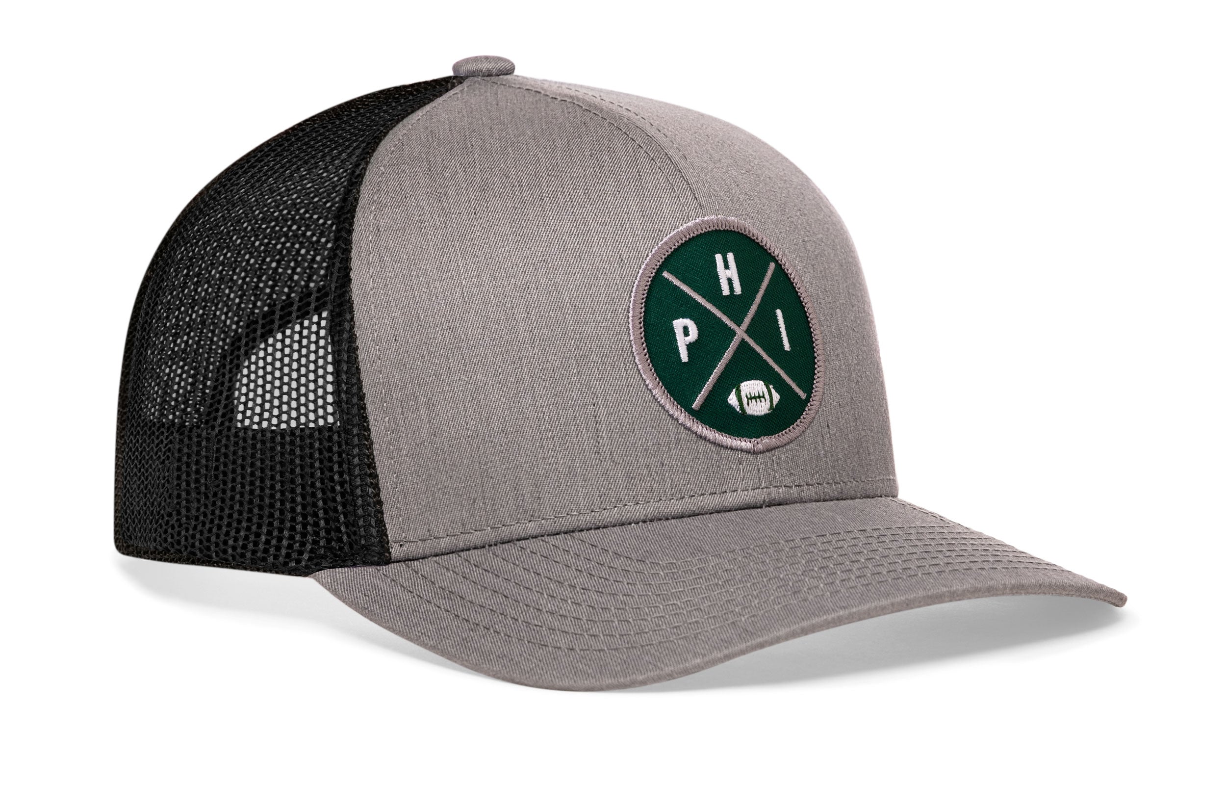 Gray front trucker hat with green round logo patch and black mesh back, snapback