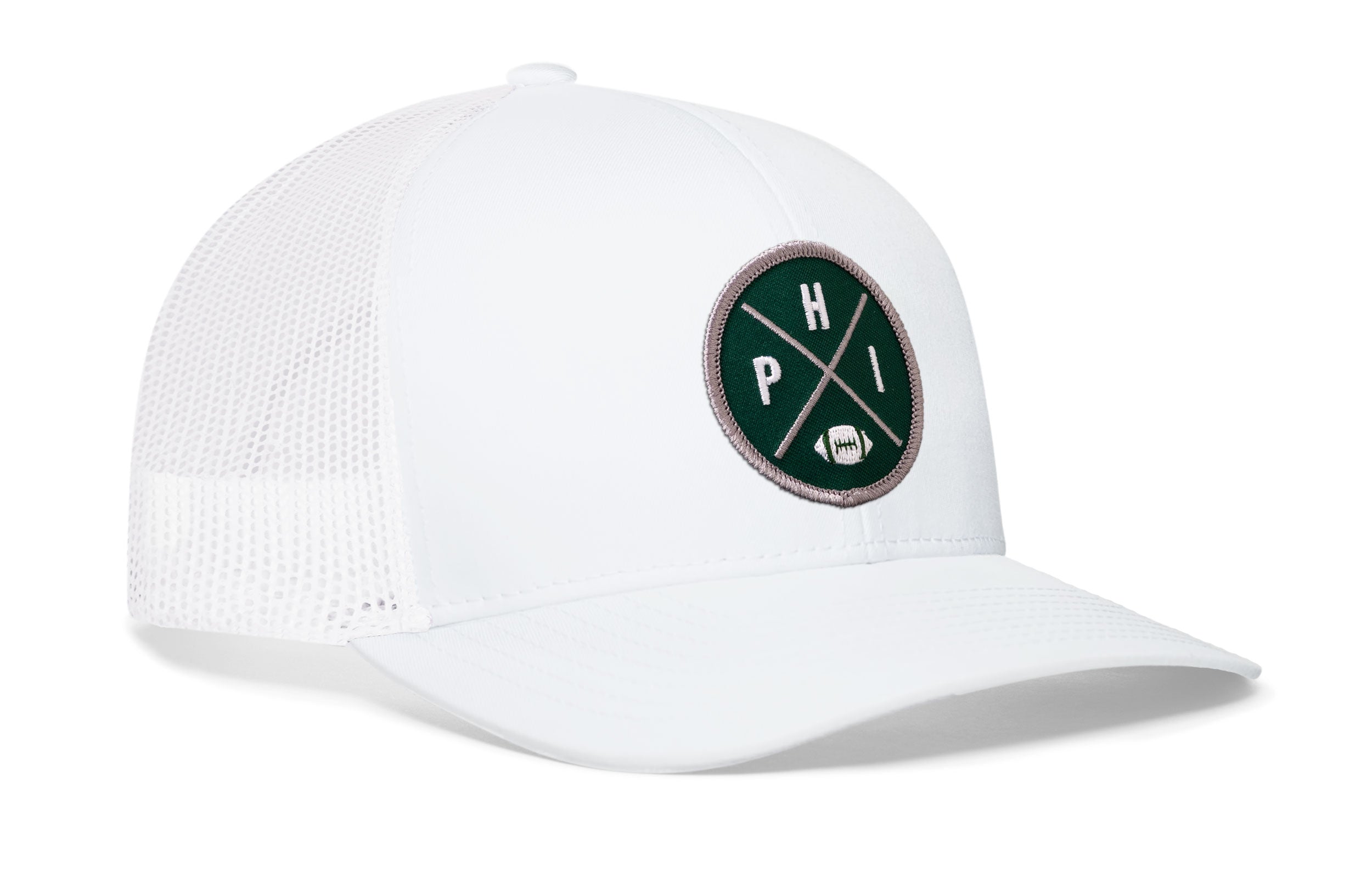 White trucker hat with green round logo patch and white mesh back, curved brim
