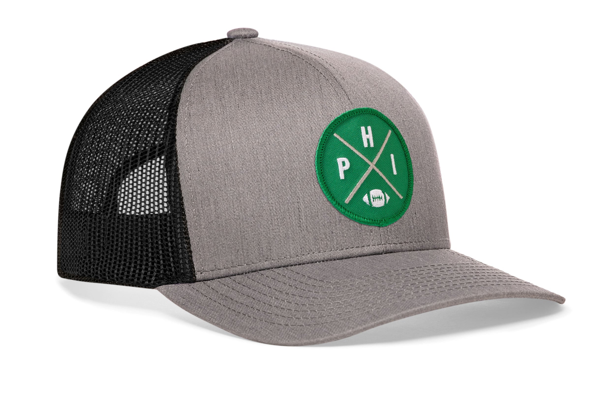 Philadelphia football trucker hat, gray front with black mesh back and green logo patch snapback
