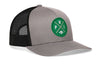 Philadelphia football trucker hat, gray front with black mesh back and green logo patch snapback