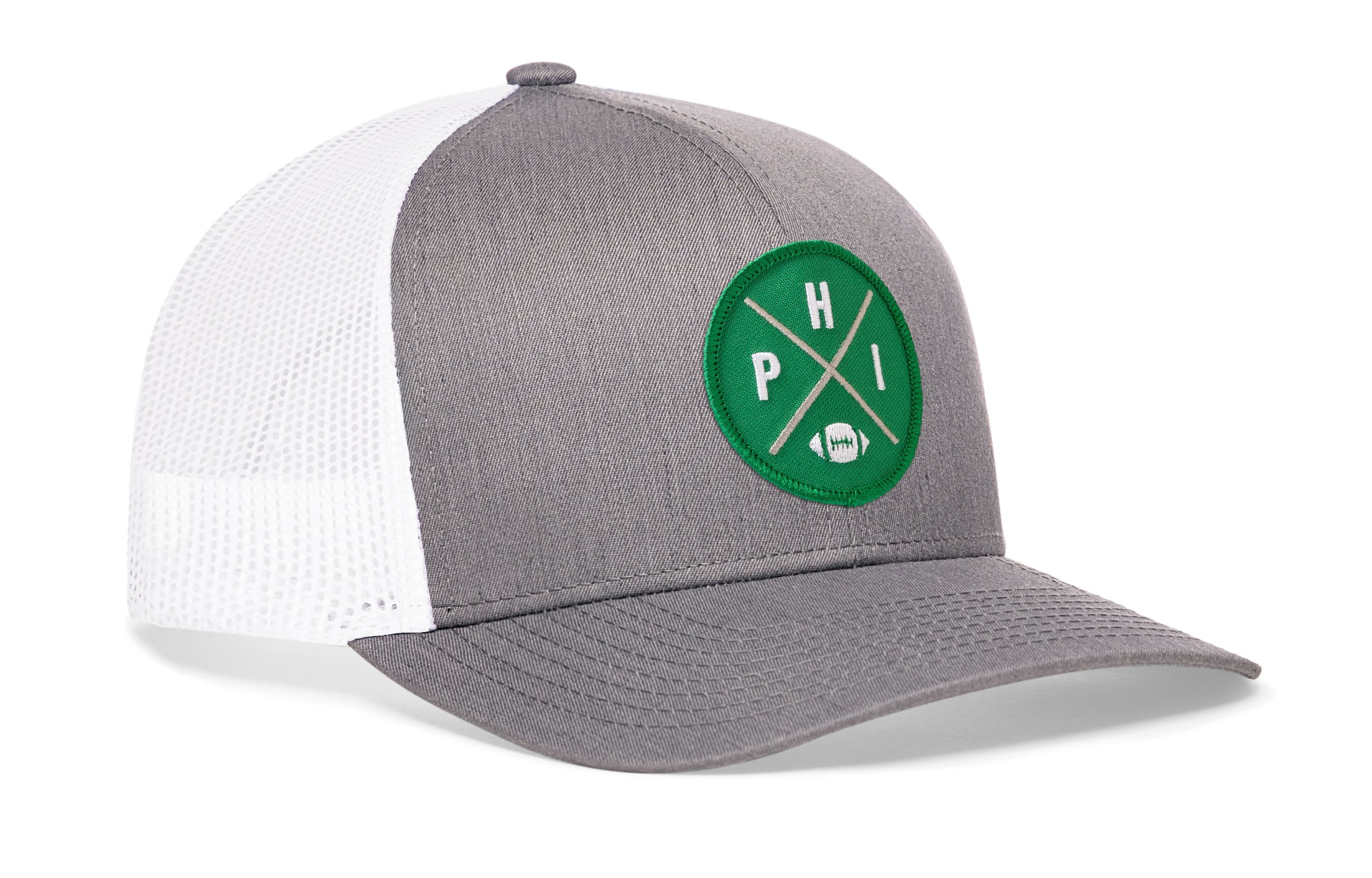Philadelphia football trucker hat, gray front with white mesh back and green logo patch snapback