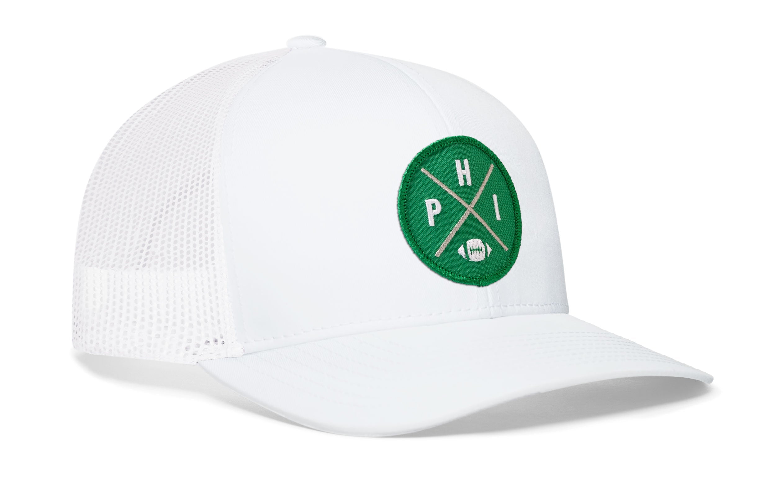 Philadelphia football trucker hat, white front and white mesh back with green logo patch snapback