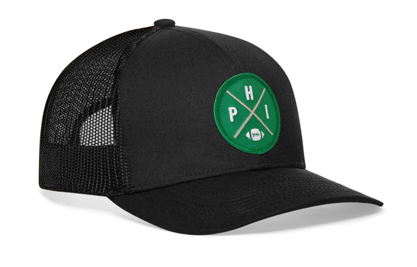 Philadelphia football trucker hat, black front and black mesh back with green logo patch snapback