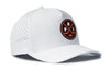 White 5-panel performance snapback hat with side perforations and round logo patch