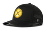 Black 5-panel performance snapback hat with yellow PIT X logo patch and perforated sides