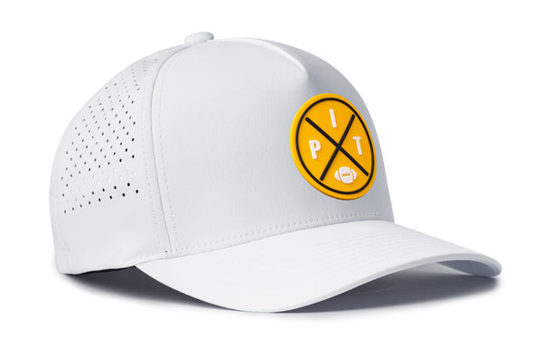 White 5-panel snapback hat with yellow PIT X round logo and perforated side panel