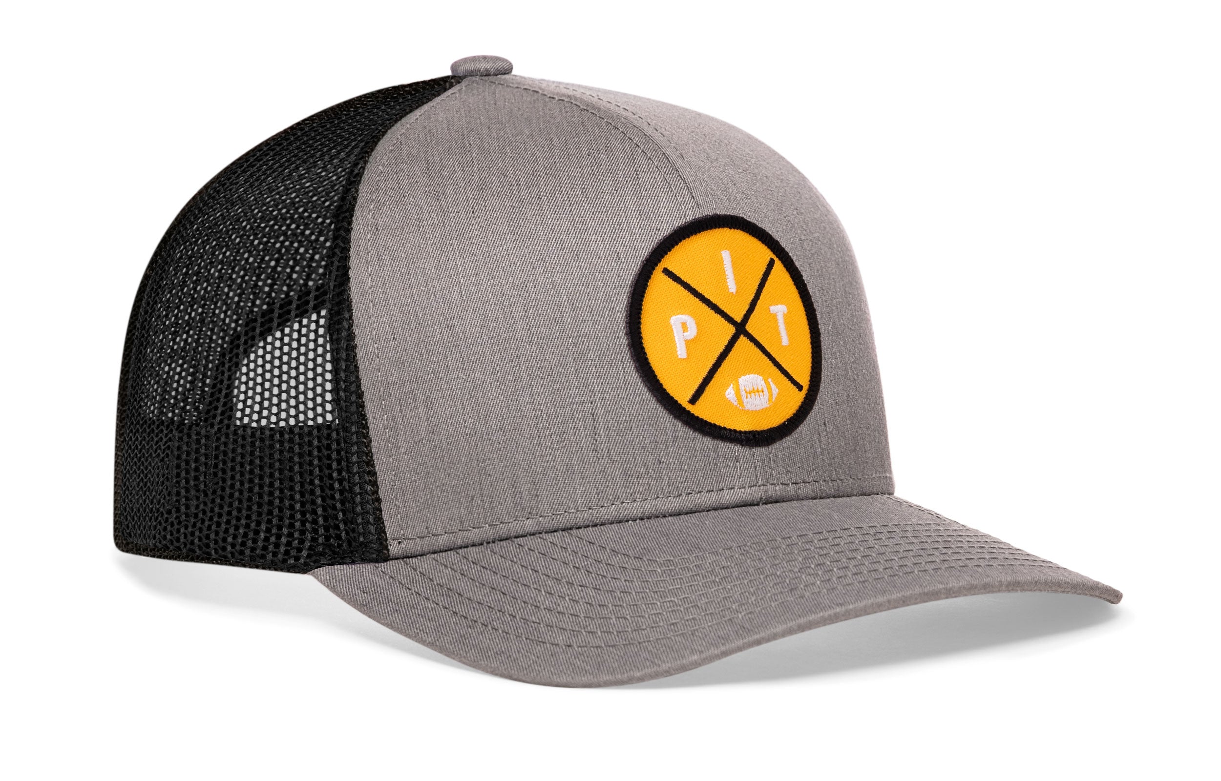 Gray front trucker snapback hat with yellow round logo patch and black mesh side panels