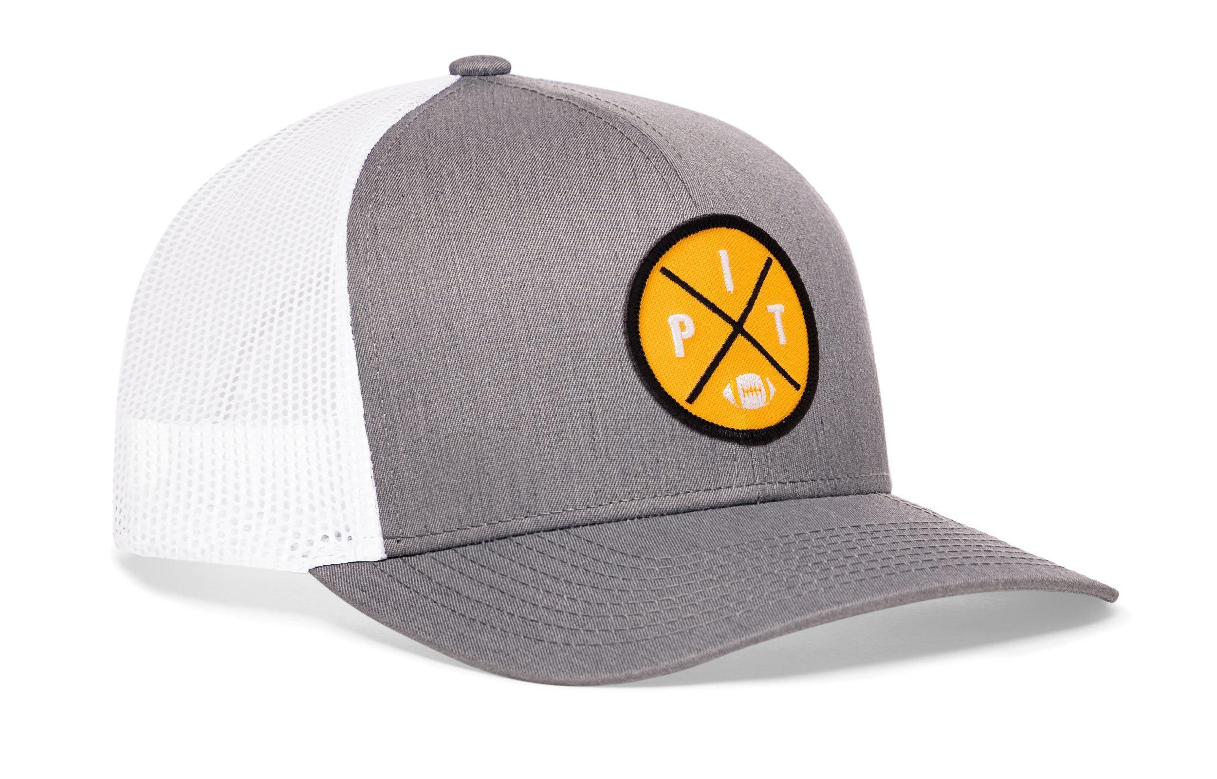 Gray front trucker snapback hat with yellow round logo patch and white mesh side panels