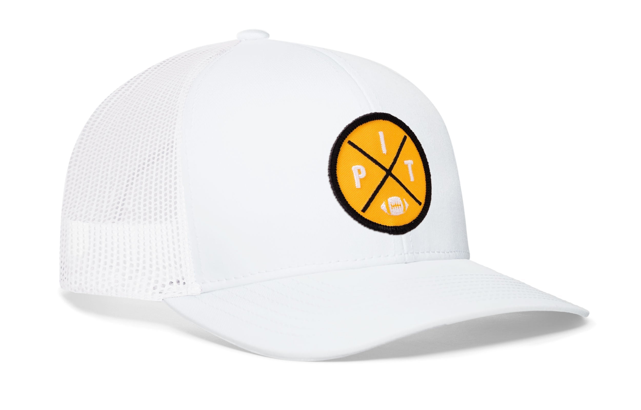 White trucker snapback hat with yellow round logo patch and mesh side panels