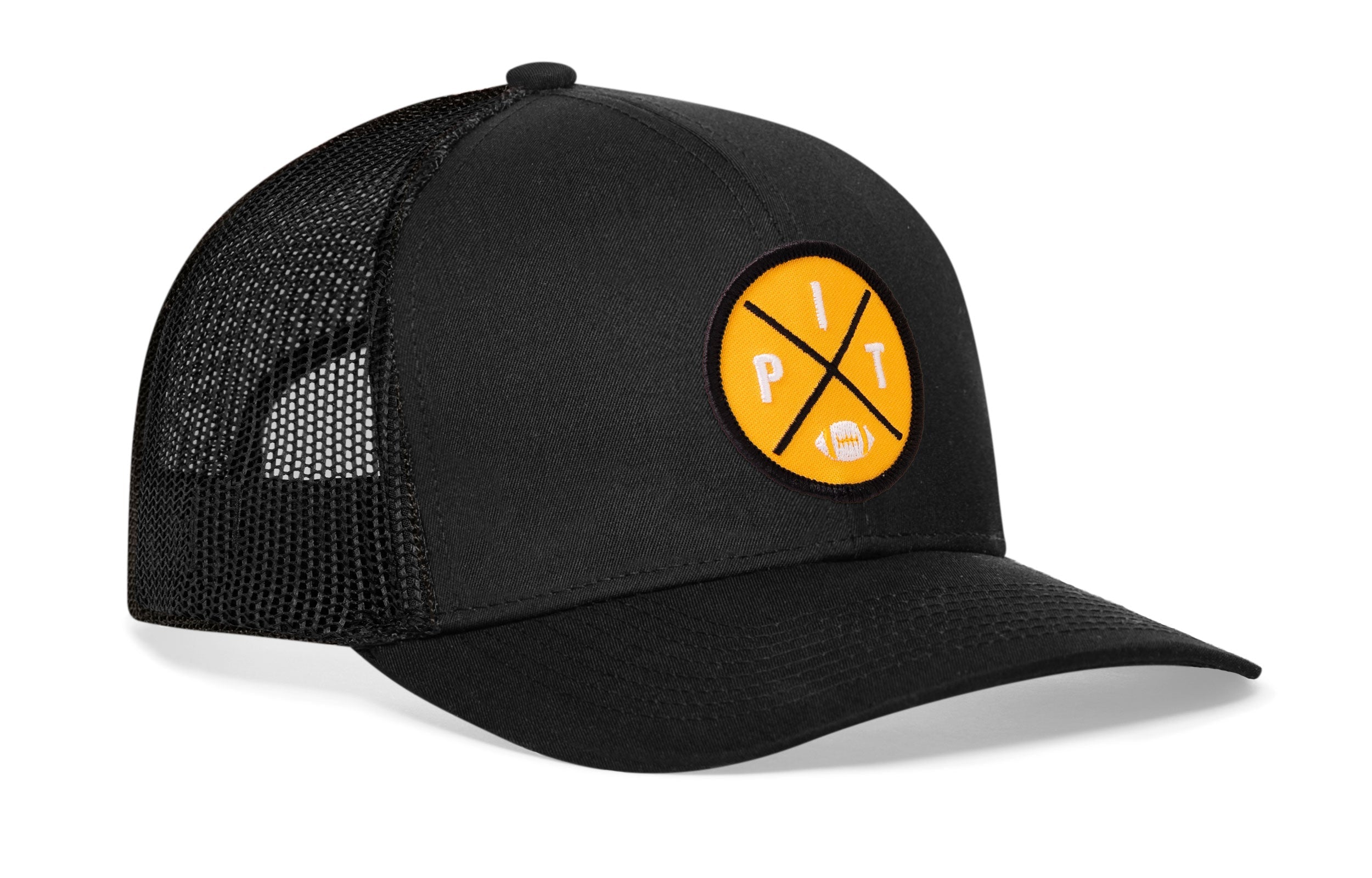 Black trucker snapback hat with yellow round logo patch and mesh side panels