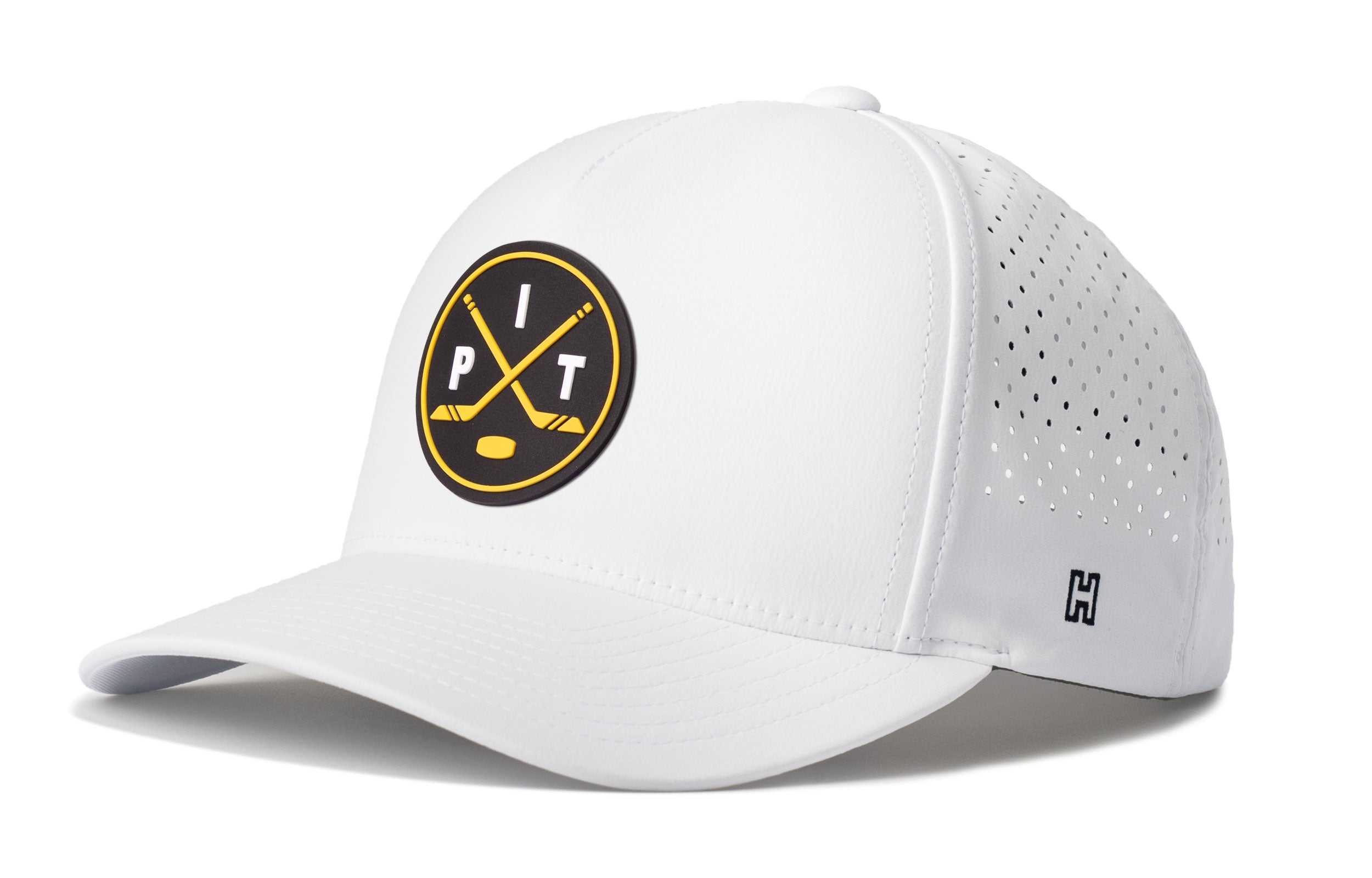White 5-panel performance baseball cap with snapback, front logo patch, perforated side