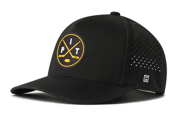 Black 5-panel performance baseball cap with snapback, front logo patch, perforated side