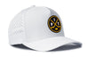 White 5-panel baseball cap with front logo patch, perforated side panels and curved brim