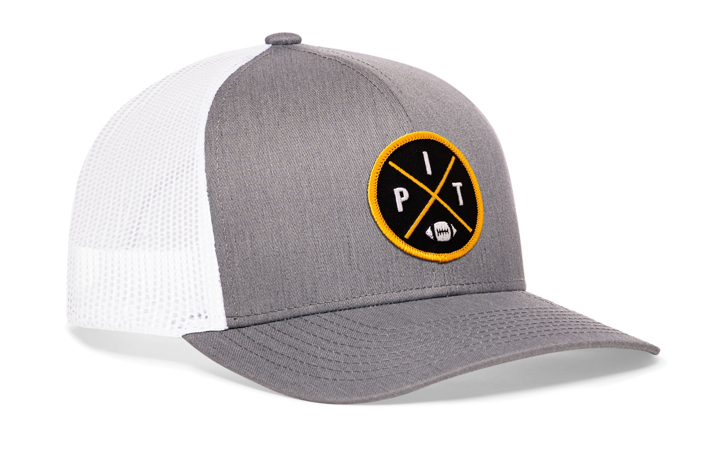 Gray snapback trucker hat with round front logo patch and white mesh side panels