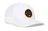 White snapback trucker hat with round front logo patch and white mesh side panels