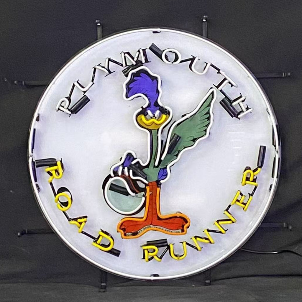 Round neon sign light with Road Runner bird silhouette on silver backing ring