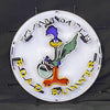 Round neon sign light with Road Runner bird silhouette on silver backing ring