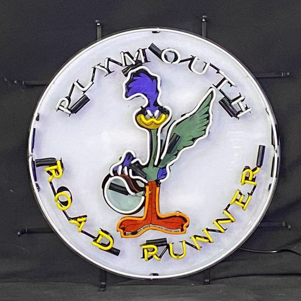 Round neon sign light with Road Runner bird silhouette on silver backing ring