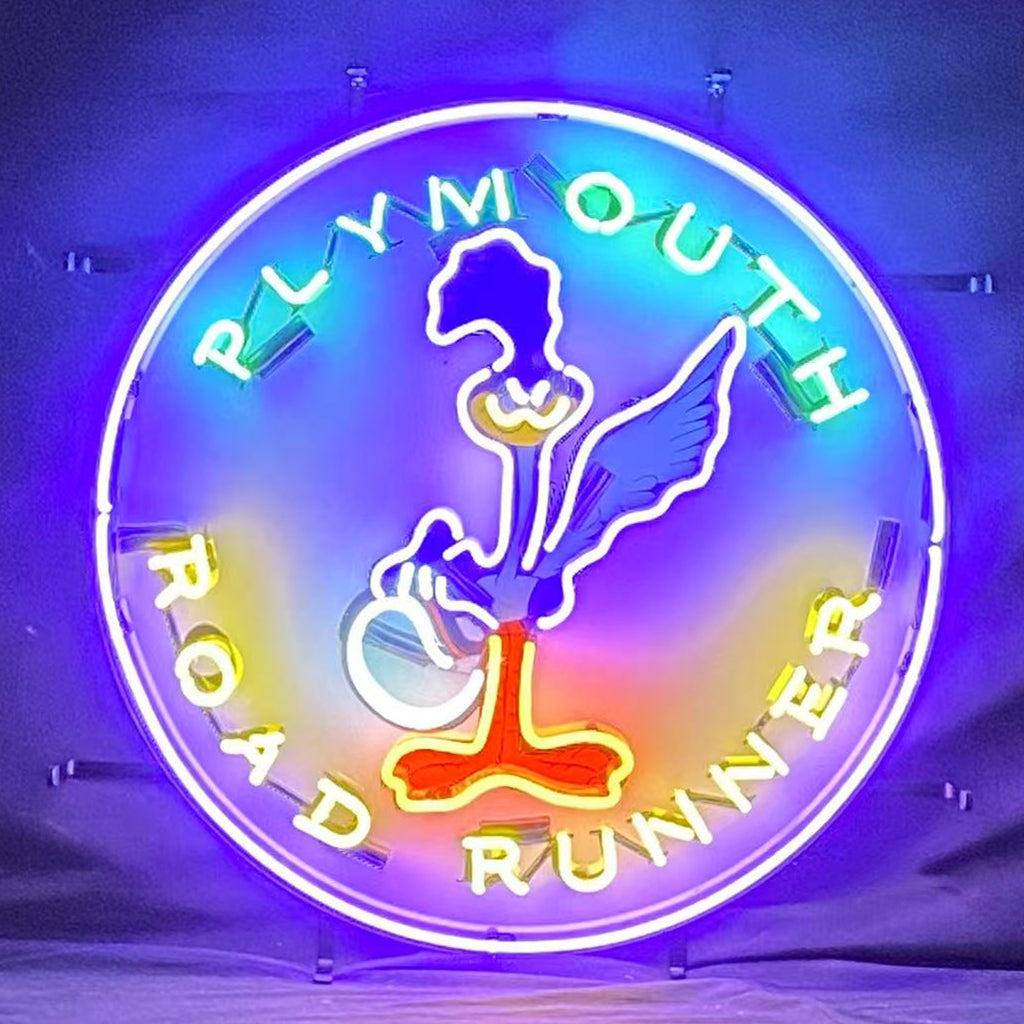 Round neon sign light with colorful Plymouth Road Runner bird and ring text