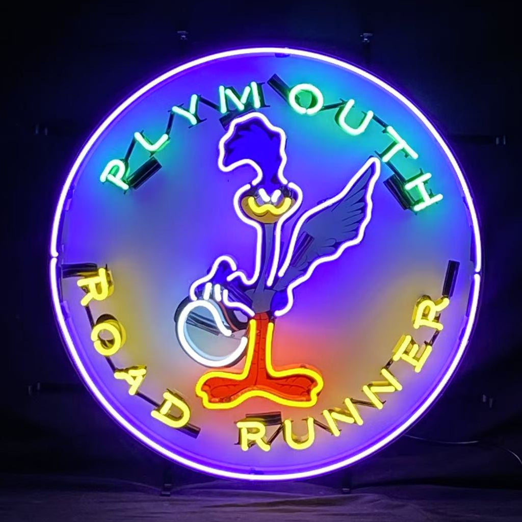 Round neon sign light with Road Runner bird silhouette and Plymouth text ring