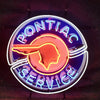 Neon Pontiac service sign with circular blue lettering and red head logo
