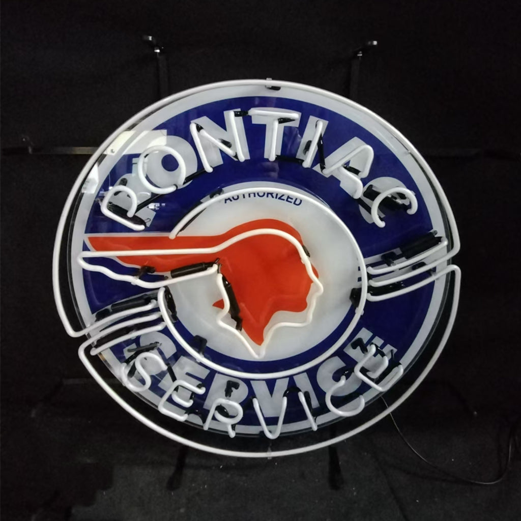 Neon Pontiac service sign with blue ring, red head, and arched wordmark