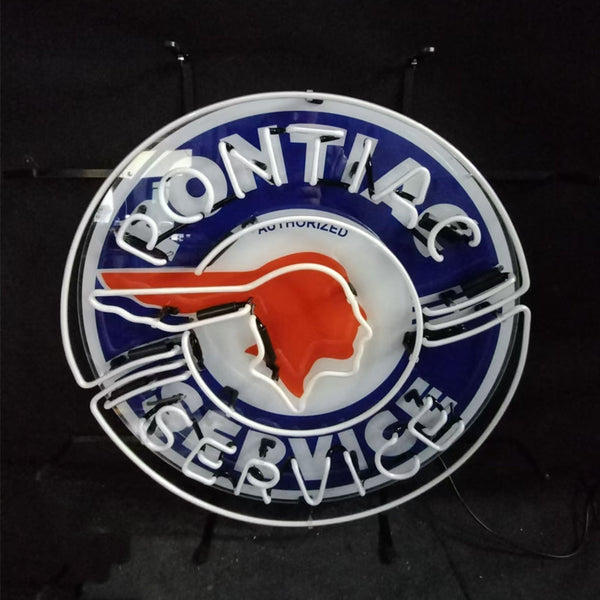 Neon Pontiac service sign with blue ring, red head, and arched wordmark